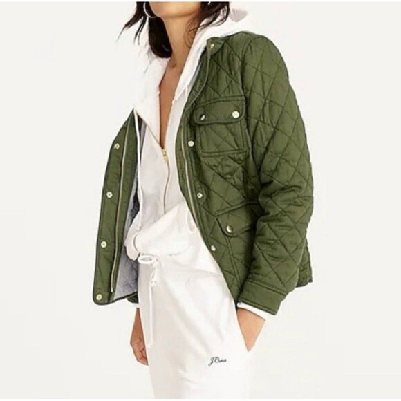 J. Crew Quilted Downtown Field Jacket Women’s XXS Green Pockets Full Zip Solid